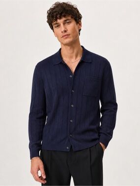 Men's Navy Knit Button-Up Cardigan 100% merino wool